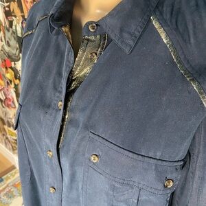 Free People Navy Blue Blouse with Gold Accents